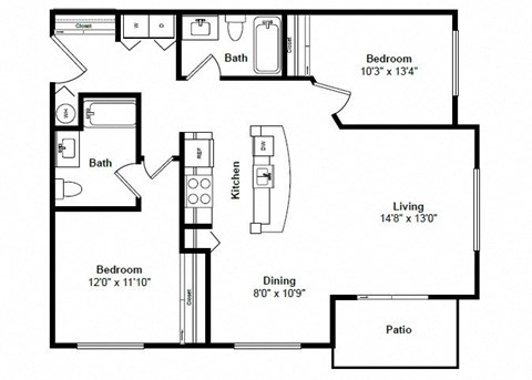 Floor plan for 2 beds, 2 baths, 1029 sqft